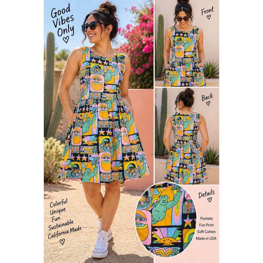 Nooworks Sleeveless Dress XL Psychedelic Cartoon Print Drop Waist Pockets Cotton